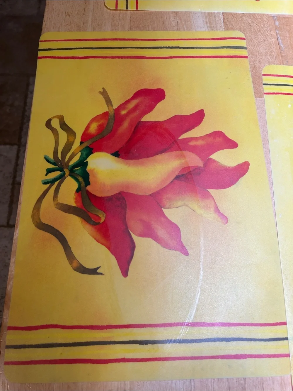 Bright Yellow Floral Plastic Wipe Off Placemat Set - Red & Green Chili 🌶️Accents
